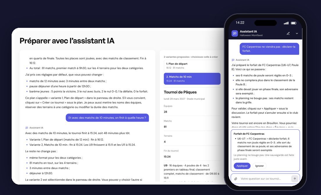L’assistant IA prépare un tournoi de Pâques sur ordinateur, et prépare le forfait d’une équipe sur téléphone